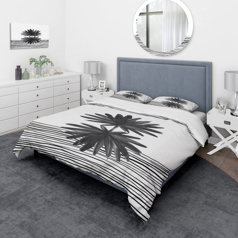 Ensemble de housse de couette moderne noir et blanc à motif de feuilles tropicales rayées II - microfibre de polyester