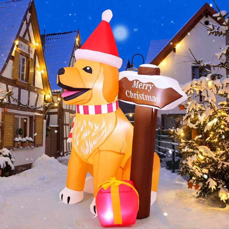 5 FT Christmas Inflatable Dog Standing by “Merry Christmas” Sign with Gift Box & Built-in LED Lights