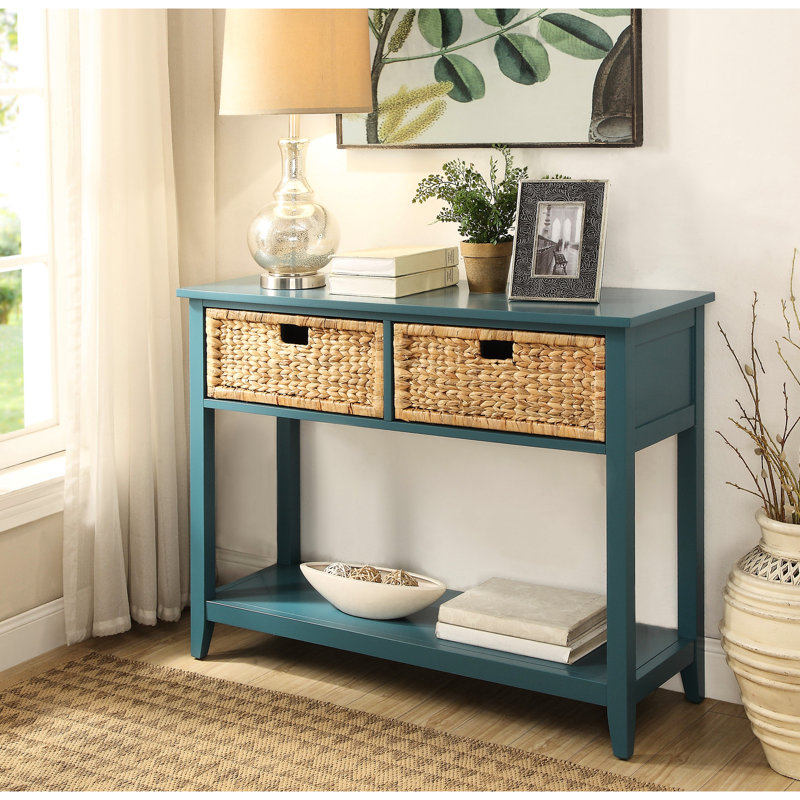 Console rectangulaire bleu sarcelle avec 2 tiroirs et rangement sur tablette inférieure en bois