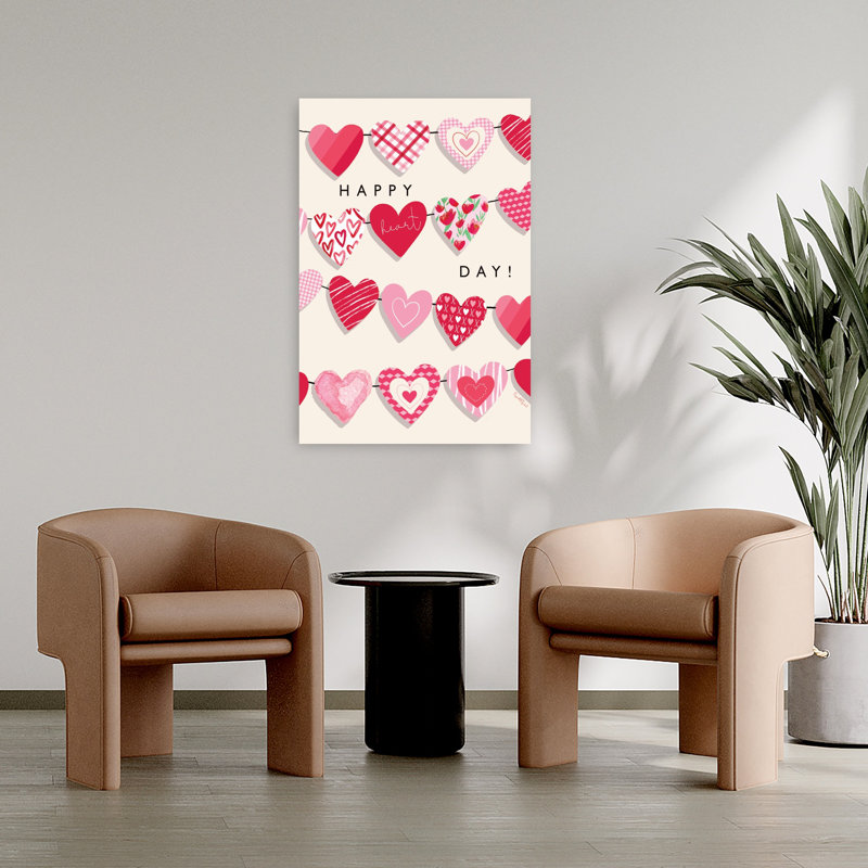 «Happy Heart Day», art mural abstrait romantique fantaisiste, 36" H x 24" W