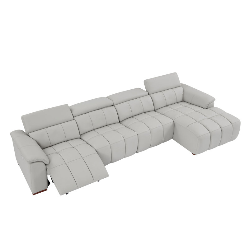 144.87" Genuine Leather Power Reclining Sectional With USB Port, Right Hand Facing, Gray Genuine Leather