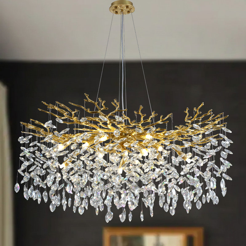Dimmable Modern Tree Branch Crystal Chandelier For Dining Room, Gold, 19.68" H x 39.3" W x 39.3" D