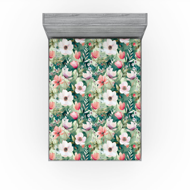 Drap-housse Ambesonne, Bleu sarcelle / corail / motif floral vert pâle, Drap-housse de taille double