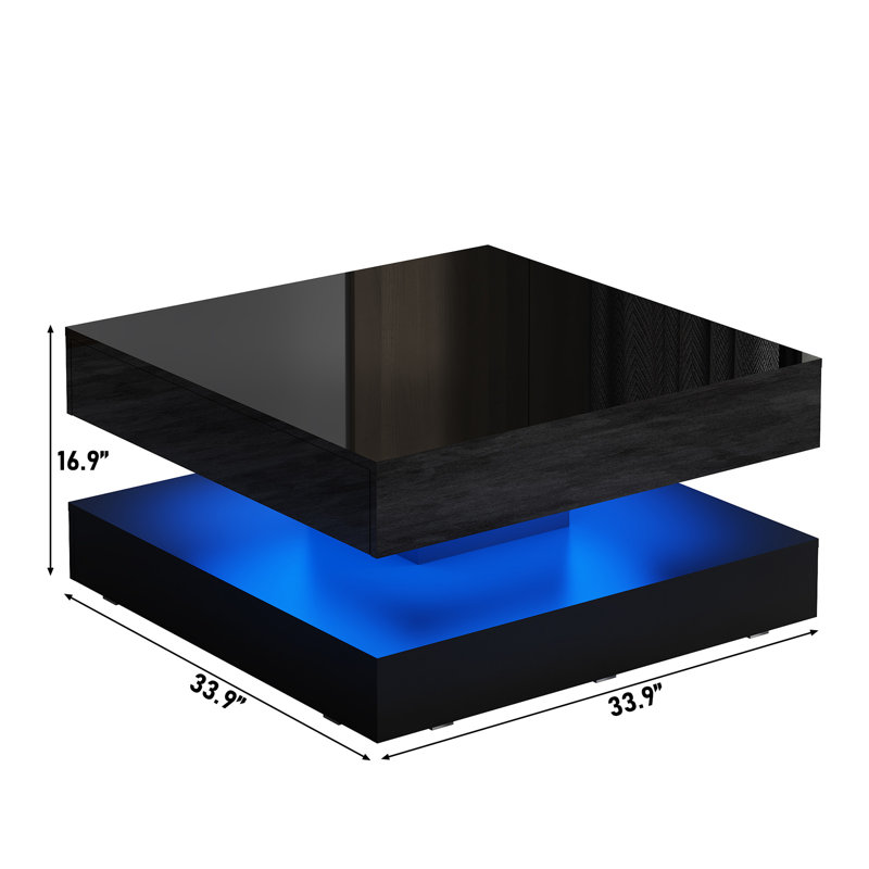 Table basse 33,9 "à DEL avec rangement, table de salon moderne ultrabrillante avec 2 tiroirs, grande table centrale carrée à double couche