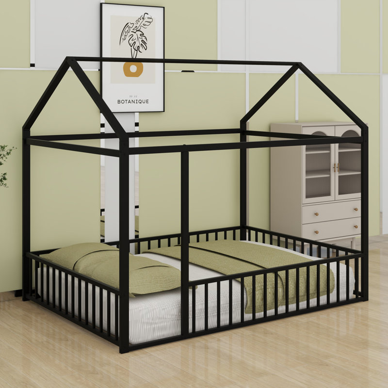 Structure de lit en métal avec clôture, Noir
