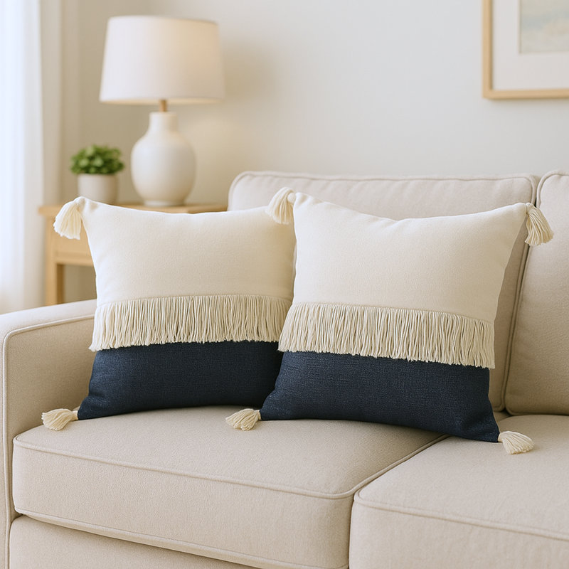 Ensemble de 2 coussins en coton Tassels, Indigo vintage