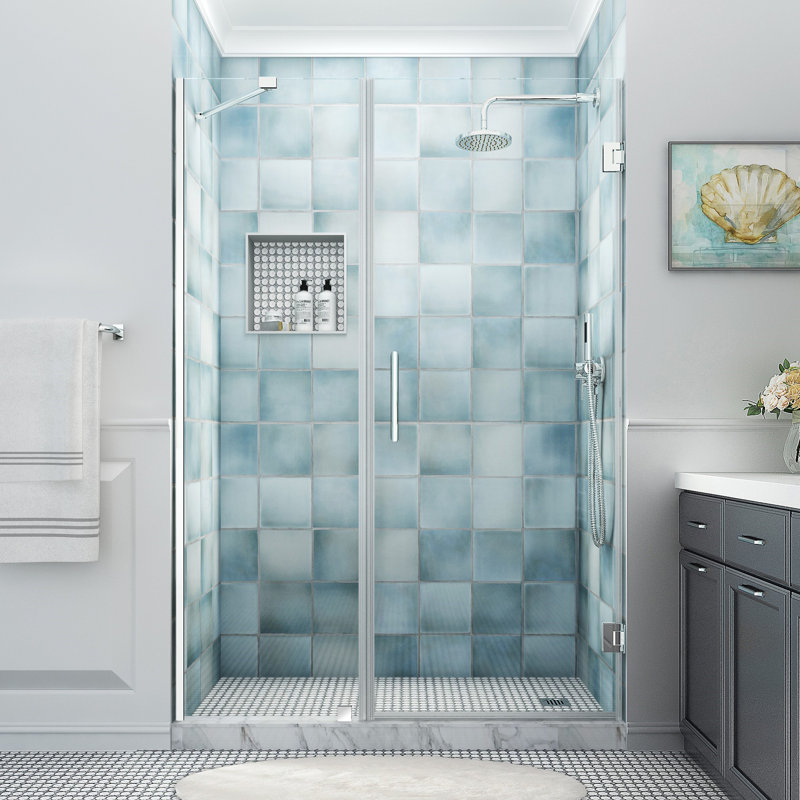 Belmore XL 57.25" W x 80" H Hinged Frameless Shower Door with StarCast Clear Glass, Chrome, Clear Glass