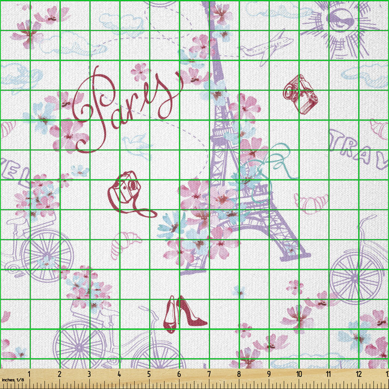 Chryssoula European Paris Eiffel Tower with Flowers Floral Swirls Multi-Purpose Fabric