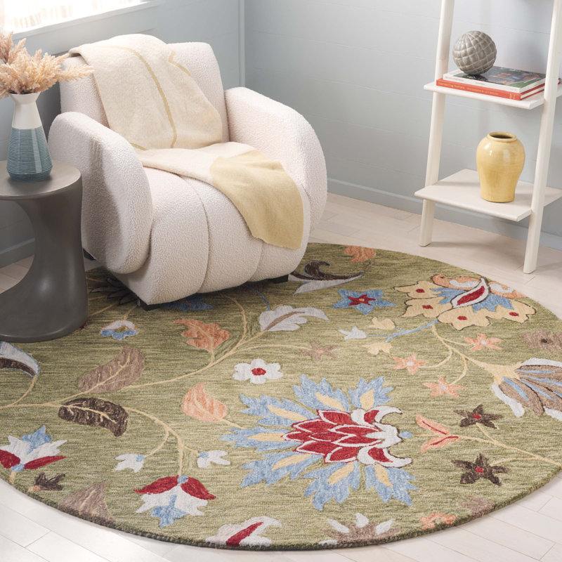 Jardin Handtufted Wool Cotton Floral Rug in Green/Blue, Round 6"