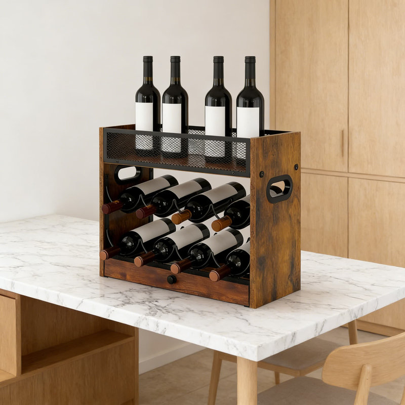 Support à vin de comptoir à 3 niveaux avec tiroir, organisateur industriel rustique pouvant contenir 18 bouteilles pour le sirop de café, les boissons alcoolisées et les essentiels de bar, conception peu encombrante pour la cuisine, le bar à la maison ou le restaurant