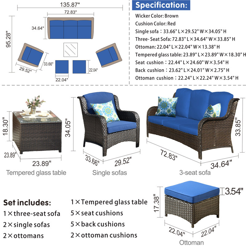 Ensemble de conversation en osier / rotin pour 5 personnes avec coussins et table basse, Bleu marine