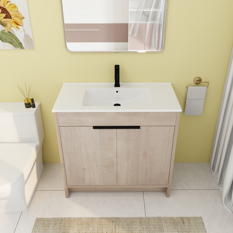 Meuble-lavabo simple autoportant de 35,96 po avec plateau en céramique Ergenekon, Blanc