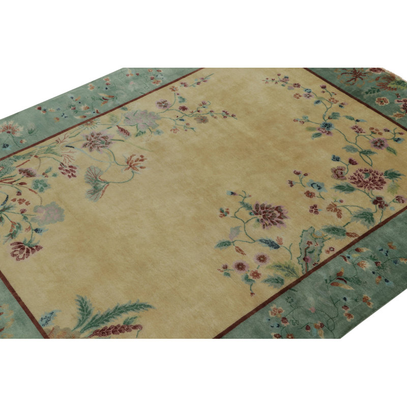 Rug & Kilim’S Chinese Style Art Deco Rug In Gold & Green With Multicolor Florals, Rectangle 5' x 8'