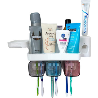 Mialena Wall-Mounted Toothbrush Holder and Automatic Toothpaste Dispenser Plastic Bathroom Storage