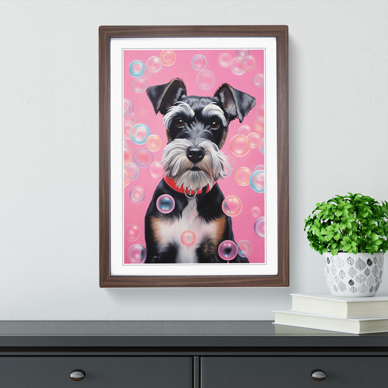 Schnauzer Bubble Gum Painting - Single Picture Frame Print on Wood, 34cm H x 25cm W x 2cm D, Walnut