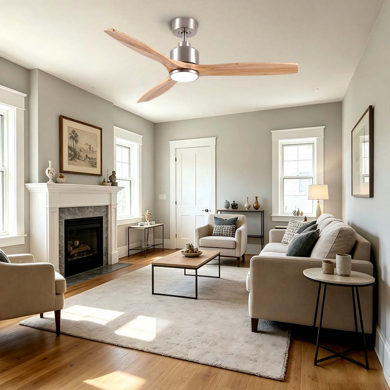 Ventilateur de plafond moderne en bois massif nickel brossé à 3 pales de 52 po avec lumière DEL, moteur DC et télécommande