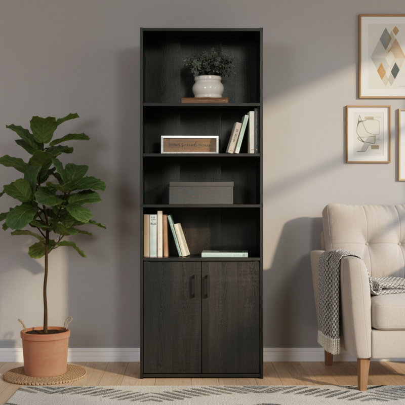 Une bibliothèque classique et traditionnelle à cinq niveaux avec portes, avec une finition noire qui dégage un air calme et sophistiqué, convenant à divers espaces domestiques.