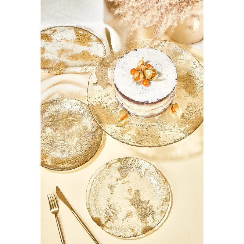 Ensemble d'assiettes à dessert 7 pièces Elegant, 100% verre | 6 assiettes à dessert (7,9 po) et 1 présentoir à gâteau (13 po) | Bordure dorée, conception transparente | Idéal pour les fêtes, les célébrations et les occasions spéciales, lavage à la main seulement