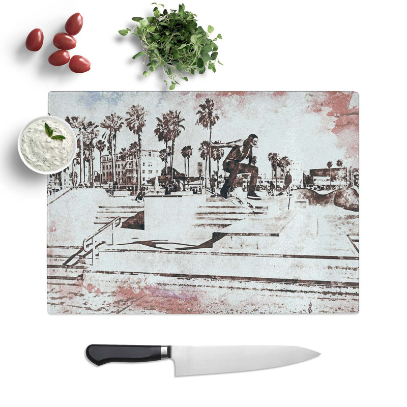 Tempered Glass Tricks with the Skateboard in Abstract Chopping Board, 28.5 cm W x 20 cm L