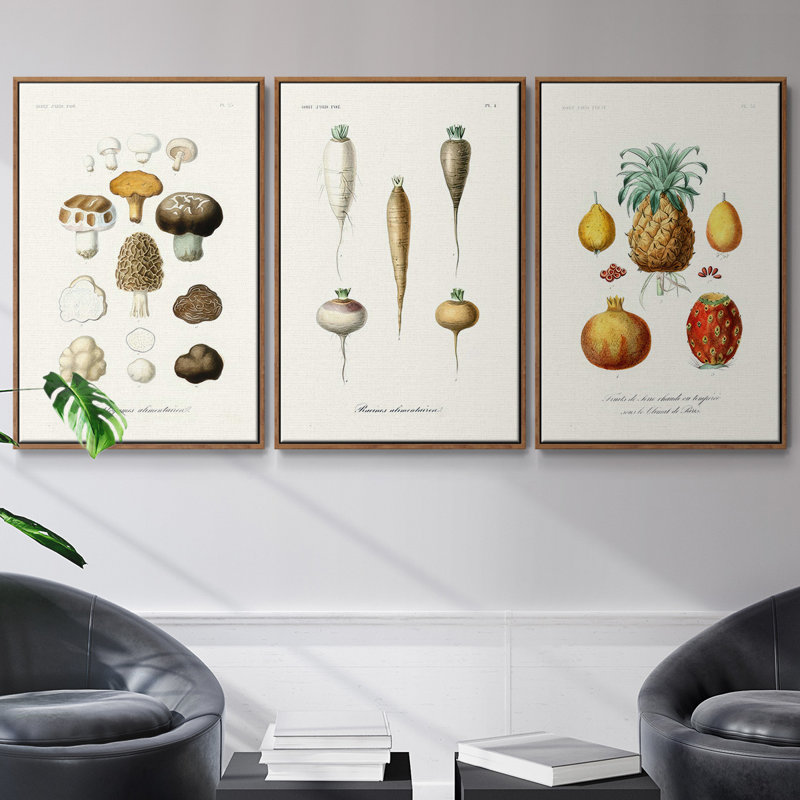 Ensemble de 3 fruits et légumes IV sur toile encadrée, Cadre noyer, H 27 po x l 54 po