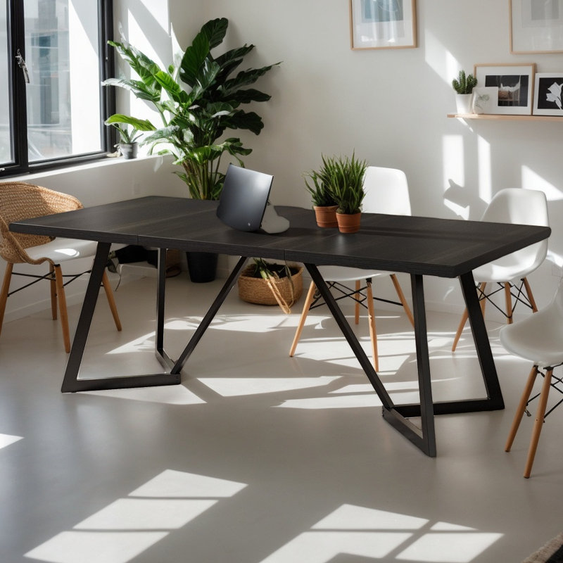 Modern Rectangular Dining Table for 6-8, Black Wood Grain Kitchen Table with Metal Legs
