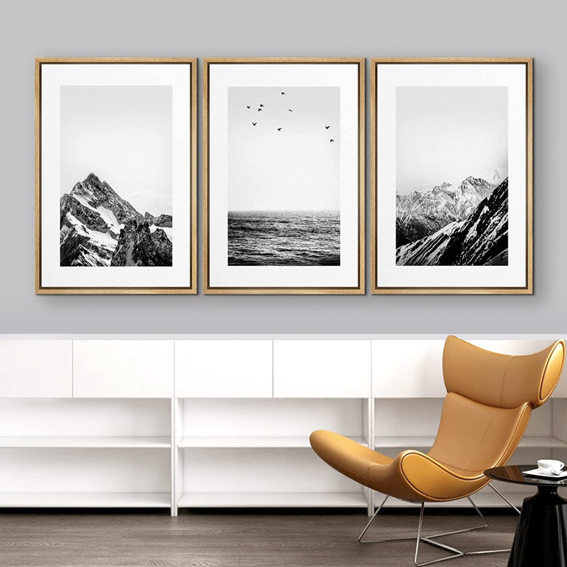Natural Framed Black and White Landscape Canvas Print Set