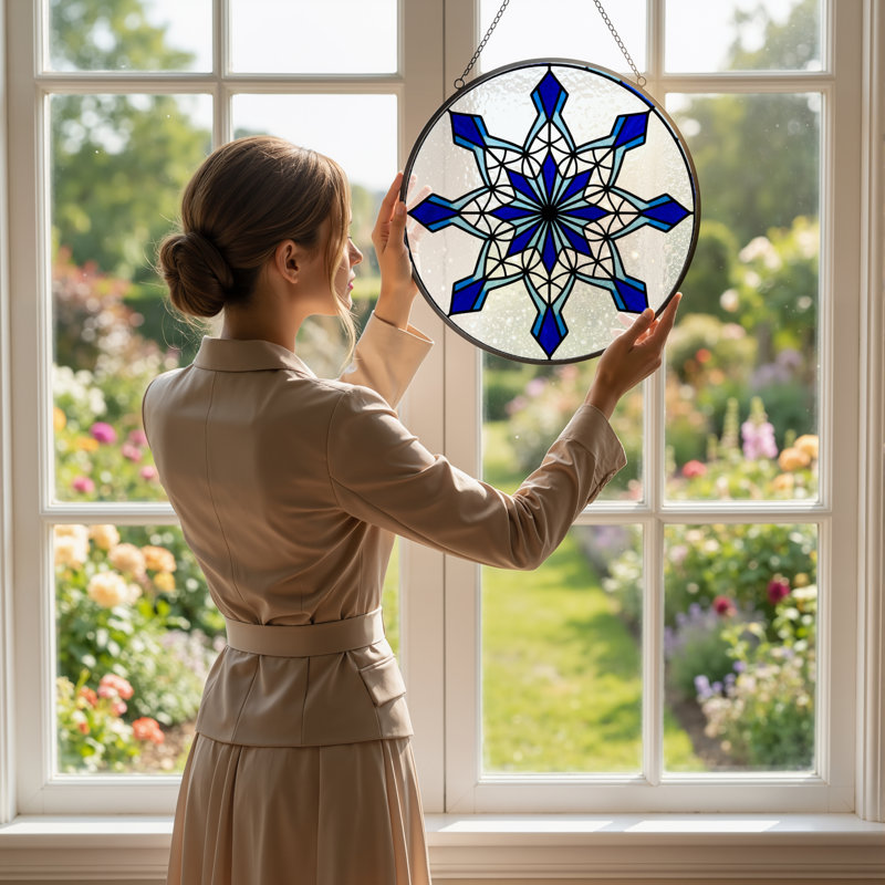 12"H Snowflake Pattern Stained Glass Window Panel, 12" H x 12" W