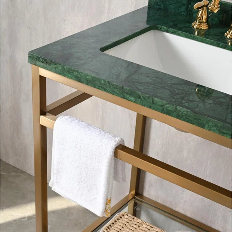 Meuble-lavabo de salle de bain en marbre vert 24 po avec lavabo, structure en acier inoxydable doré, dosseret et tablette de rangement en verre