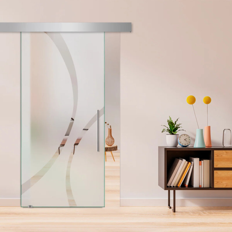 Porte de grange coulissante en verre sans cadre avec design moderne sablé et quincaillerie (semi-privée), 40 po x 81 po