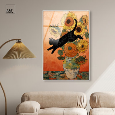 «Sunflower Kitten I», reproduction d'art acrylique encadrée par Art Remedy, cadre blanc, 30 x 45