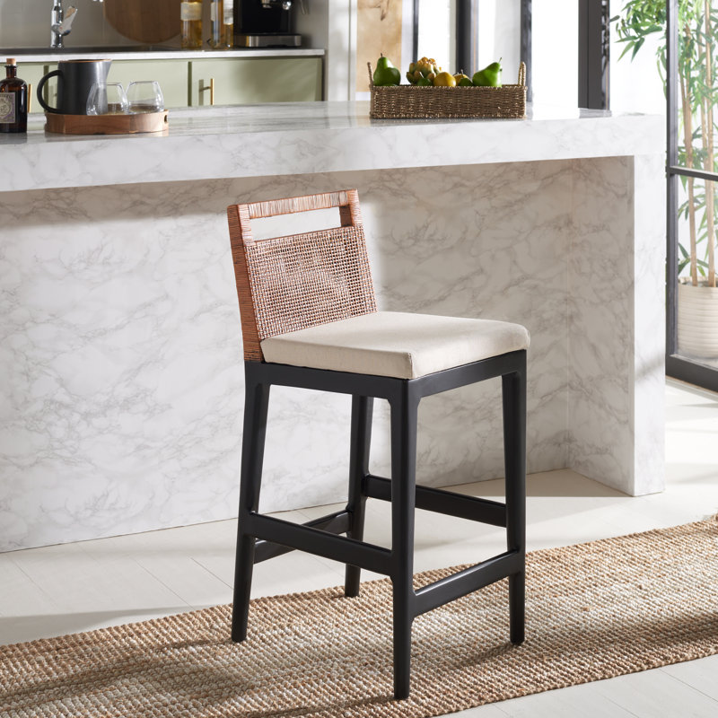 Velga Solid Wood Upholstered Counter Stool , Brown/White Seat/ Black Frame