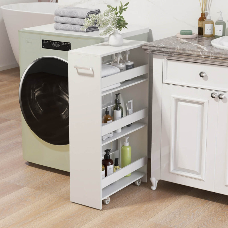 4-tier Rolling Storage Cart 8" Slim Kitchen Cart On Wheels With Open Shelves, White, White