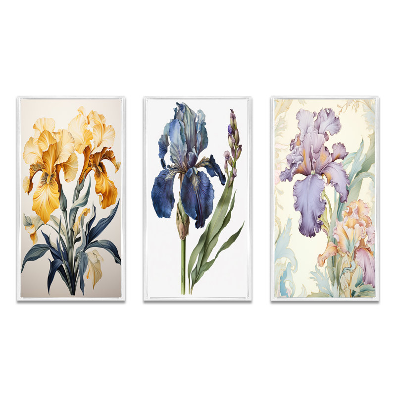 Illustration rétro d'iris dorés - Ensemble de 3 pièces, H 32 po x l 48 po, Cadre flottant blanc