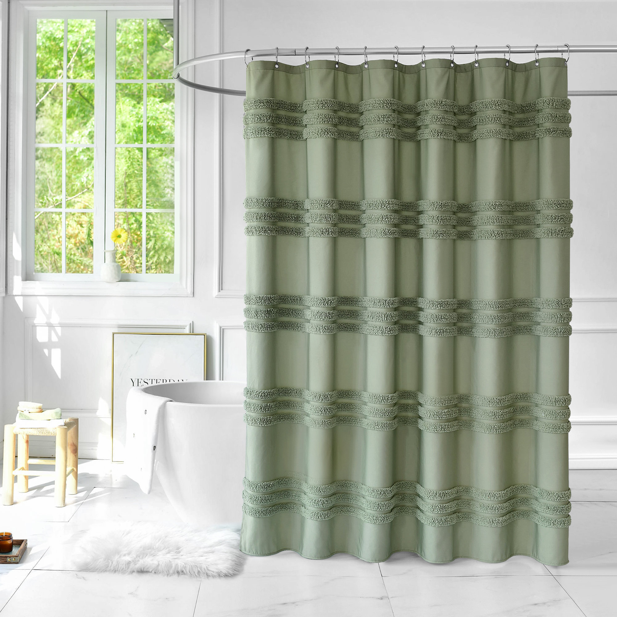 Jonestown Tufted Chenille Striped Textured Cloth Shower Curtain with 12 Stainless Steel Hooks Latitude Run Color: Green, Size: 79'' H x 72'' W
