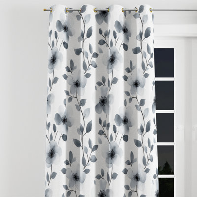 Modern Curtains for bedroom - Abstract Soft Charcoal Flowers Velvet Grommet Curtain - 1 Panel