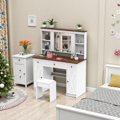 Large Farmhouse Vanity Desk with Sliding Mirror, Dimmable LED Lighting, Charging Station, and Storage Drawers by Latitude Run