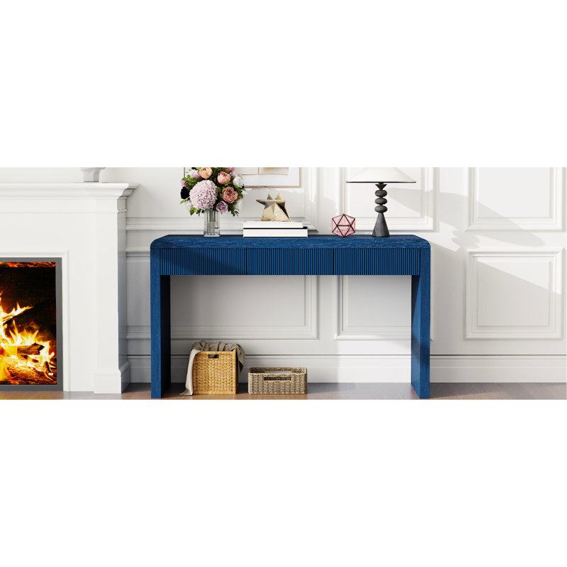 Console rustique, tiroirs cannelés, bleu marine, placage frêne, pieds réglables, idéale pour le sol, plateau, rangement avec tiroirs, base bleu marine, en bois, pour salon ou couloir, support de plateau, capacité