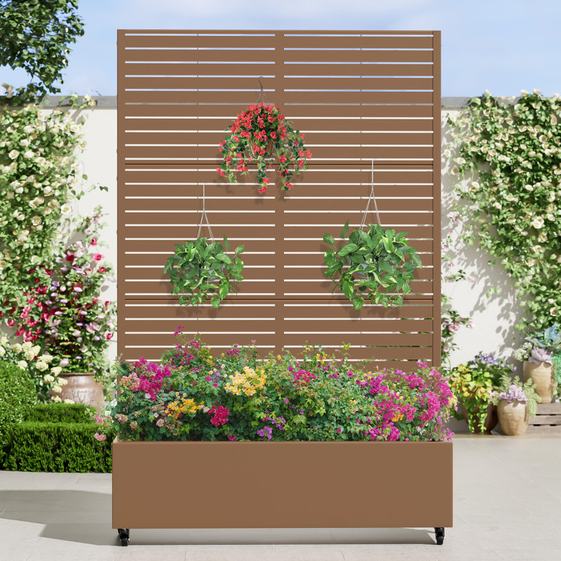 Lit de jardin en métal avec treillis et roues, H 72 po x l 47 po x P 16 po, Brun