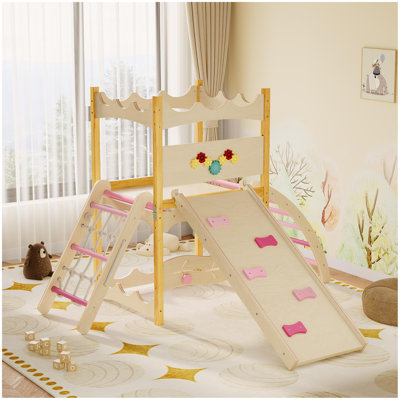 6 en 1, salle de jeu intérieure en bois pour tout-petits - grimpeur avec toboggan, balançoire, mur de pierre et échelle en corde, gymnase de la jungle pliable pour les 18 à 5 ans, rose