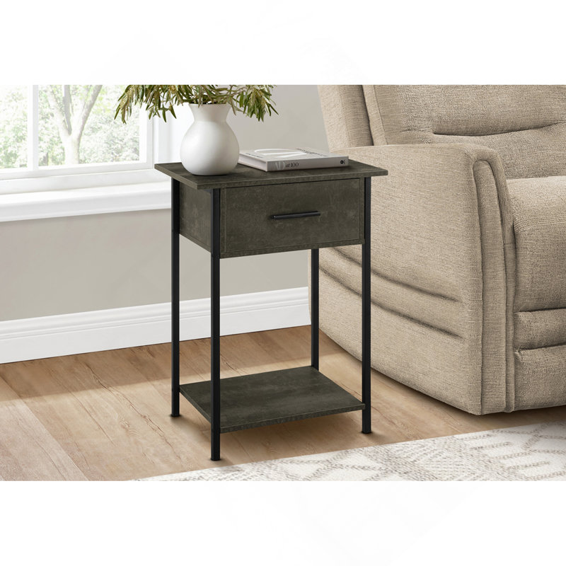 Table d'appoint, 2 niveaux, bout, lampe, salon, table d'appoint, tiroir de rangement, petit, stratifié bronze foncé, métal noir, contemporain