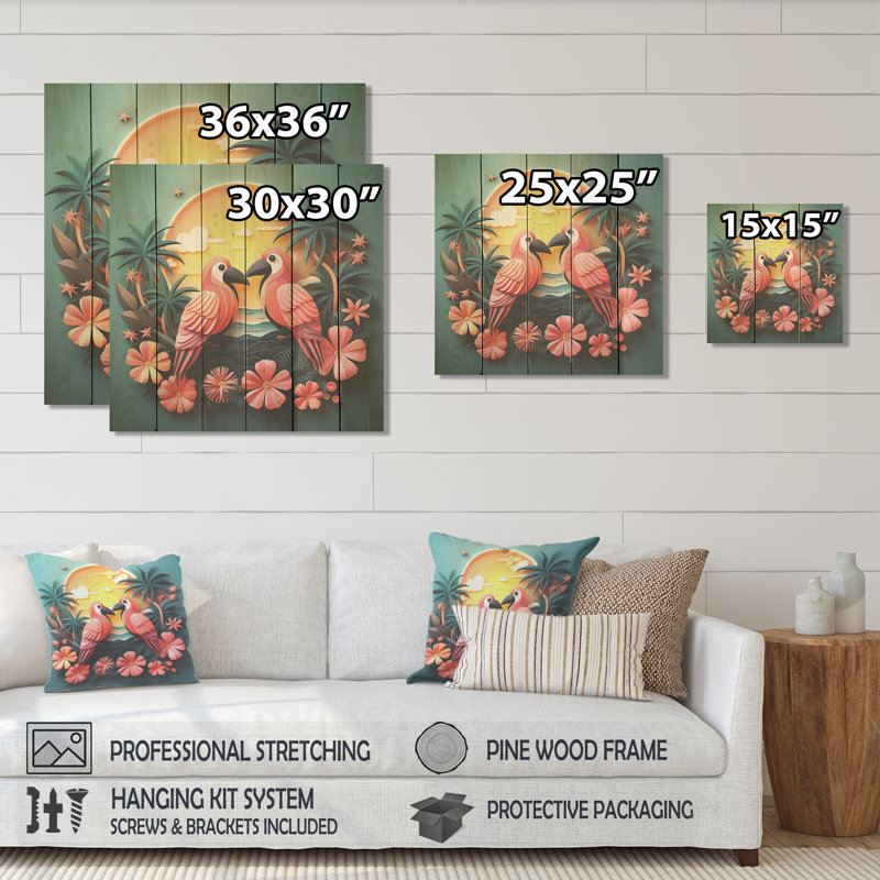 Toucans roses roses - oiseau sur bois, H 15 po x l 15 po