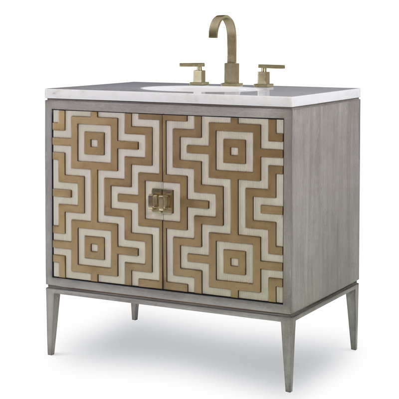 Labyrinth 36'' Gold and Gray Mahogany Bathroom Vanity with Marble Top