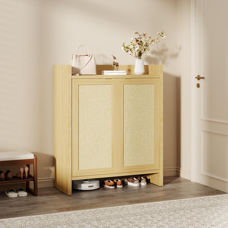 Rangement à chaussures Modern Rattan - Organisateur de rangement autoportant en bois avec tablettes réglables, 2 portes pour le vestibule, le couloir, le salon ou le placard
