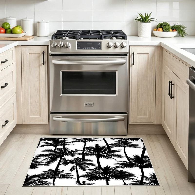 Tapis blanc lavable à la machine, palmiers noirs dessinés pour l'intérieur, Rectangle 32 po x 47 po