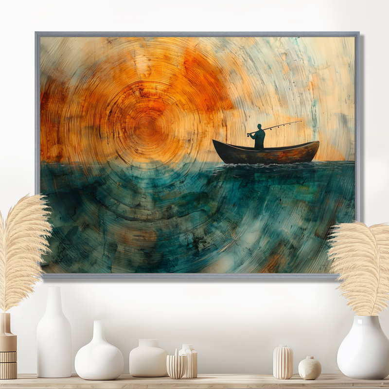 Pêche, tranquillité en bois, diapositive, paysage I - Bateau, pêche, art mural, Argent argent, H 34 po x l 44 po