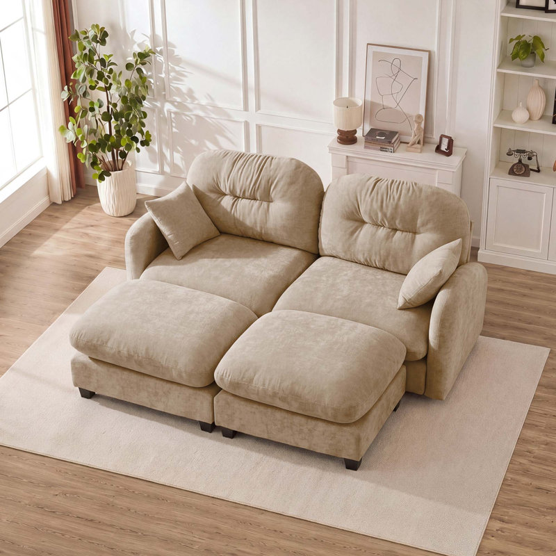 Canapé-lit modulaire ergonomique en chenille avec accoudoirs élégants avec base en bois et 2 repose-pieds, Camel