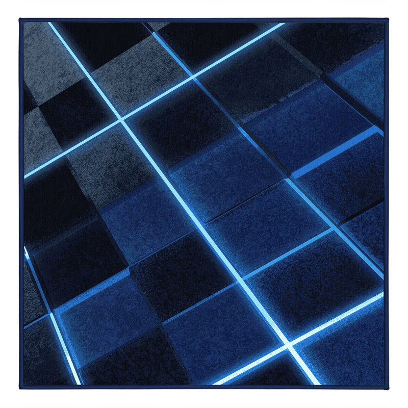 Machine Washable Pahola Retro Checkered Rug in Blue – Navy Binding, 6' Square