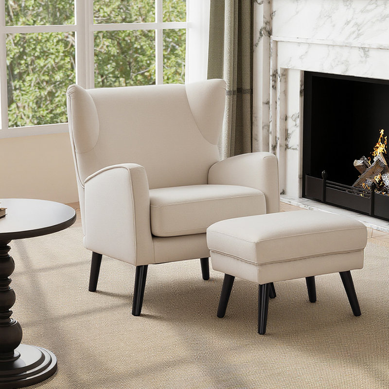 Upholstered Wingback Chair With Footstool, Beige Velvet