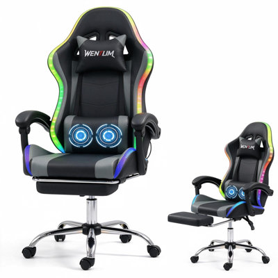 Racing Gaming Chair with RGB LED Lights & Massage Lumbar Support, Ergonomic Reclining Computer Chair with Retractable Footrest, Faux Leather, 330 LBS Capacity for Teens & Adults, Grey