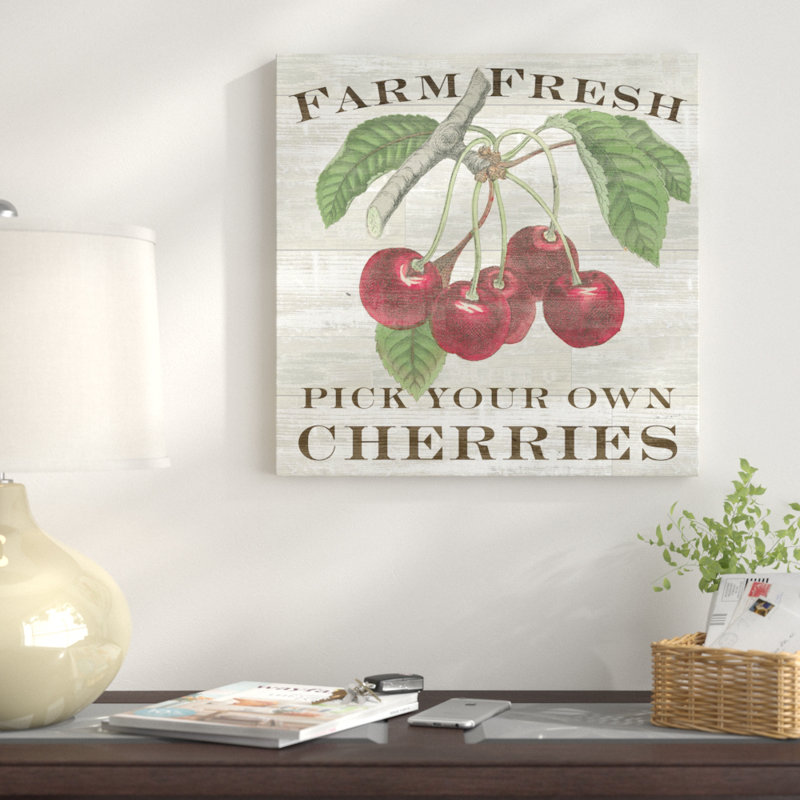 « farm cerises », impression sur toile tendue, H 18 po x l 18 po x P 1,5 po, Toile encadrée noire, Pas de tapis
